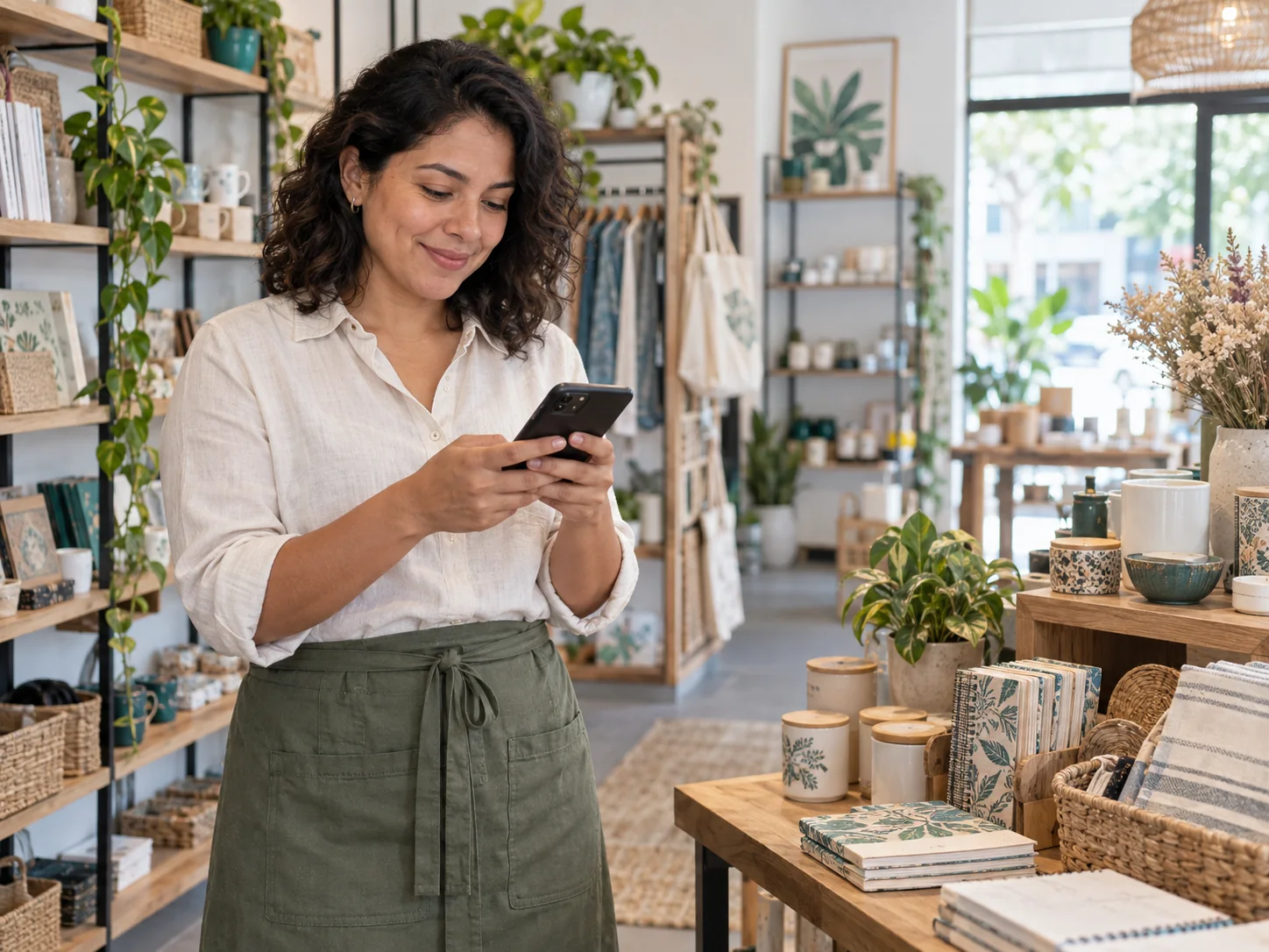 Emprendedora gestionando pedidos desde su teléfono en su tienda