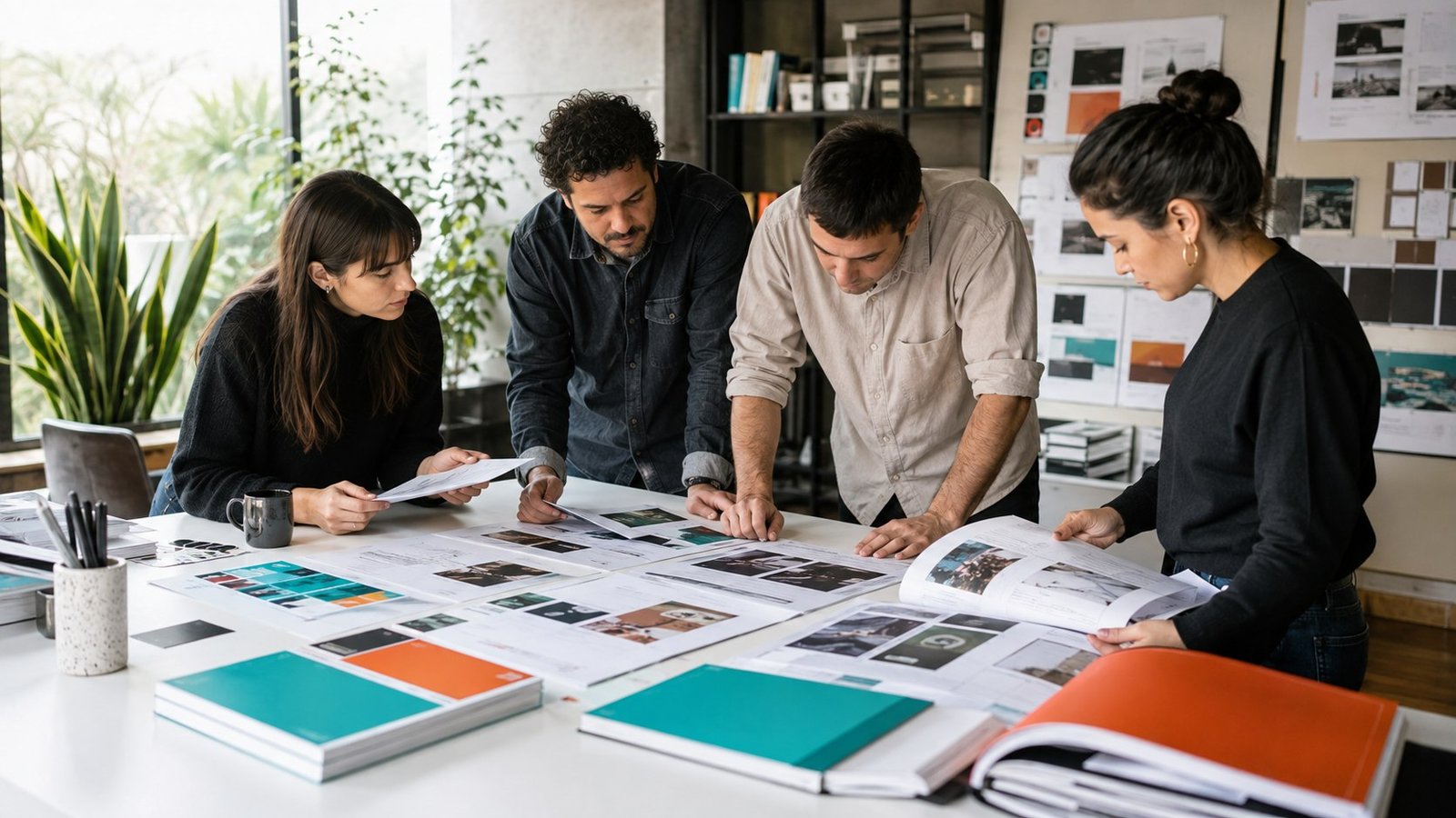 Equipo de diseño editorial revisando pruebas impresas antes de preparar los artes finales