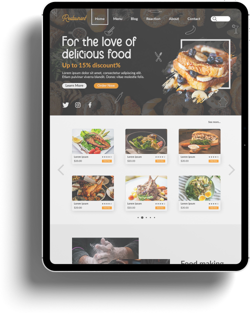 Diseño web para restaurante mostrado en una tableta